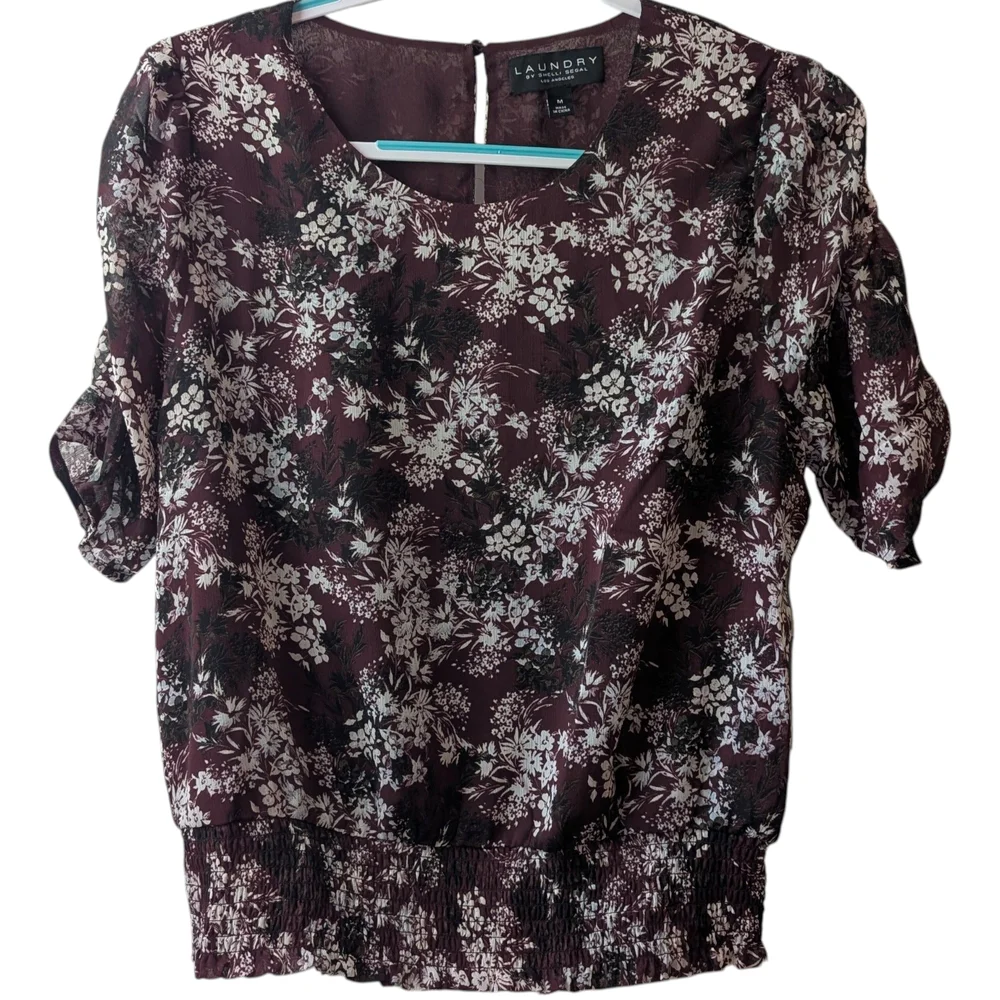 LAUNDRY BY SHELLI SEGAL WOMEN'S FLORAL SHIRRED SLEEVES AND SMOCKED WAIST SIZE M - Picture 2 of 11